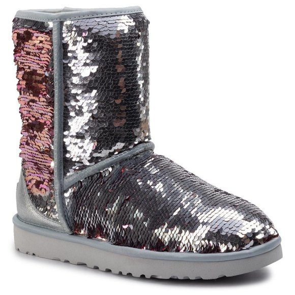 UGG Shoes - New UGG Classic Short Reversible Sequin Sparkle Silver/Pink Boots Size 8